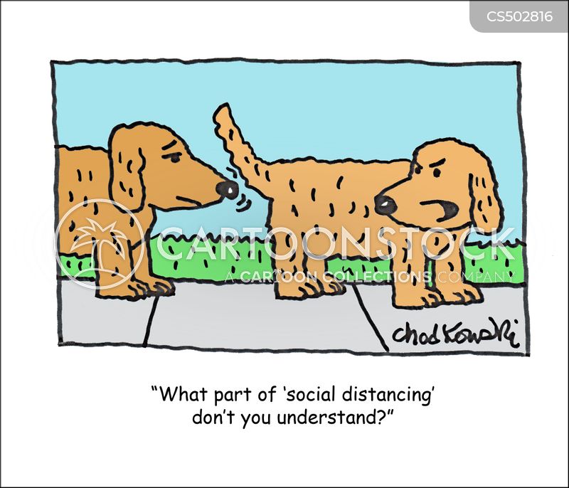 Cartoon of One dog sniffing another dog's butt. The dog being sniffed has turned his head toward the other and is saying, "What part of 'social distancing' don't you understand"?