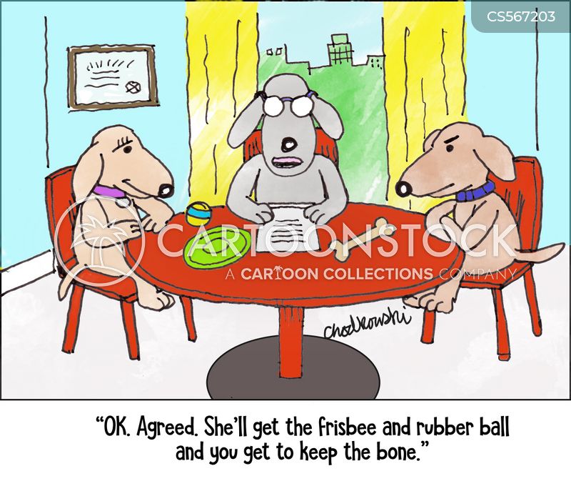 A pooch couple is splitting up and their dog lawyer explains she gets frisbee and ball and he gets the bone.