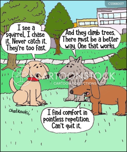 Three dogs discuss chasing squirrels. Each always does it the same way with bad results. One dog says he finds comfort in pointless repetition.