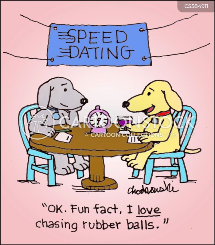 A couple of pooches at speed dating table. One admits, "Fun fact, I love chasing rubber balls."