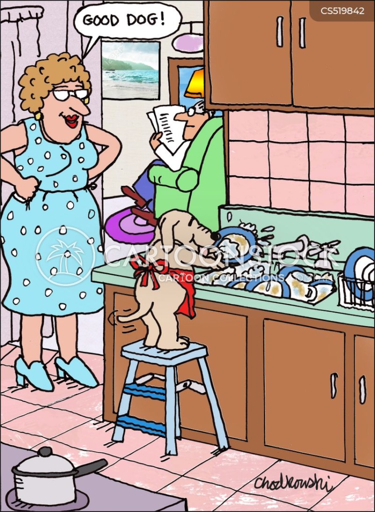 Cartoon. A dog is standing on a step-up at the kitchen sink washing dishes. A woman, hands on hips, watches saying, “Good dog.” The husband in reading and watching TV in background.