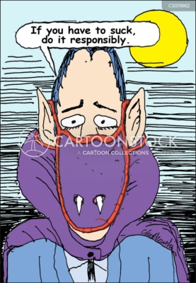 Cartoon. It’s a full moon night. A vampire in classic Dracula clothes is looking straight at you. He’s wearing a mask with slits so his vampire teeth are out. He says, "If you have to suck, do it responsibly."