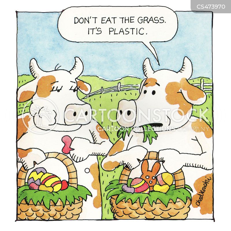 Two cows are eating the treats from their Easter baskets. One warns the other that the grass is fake.