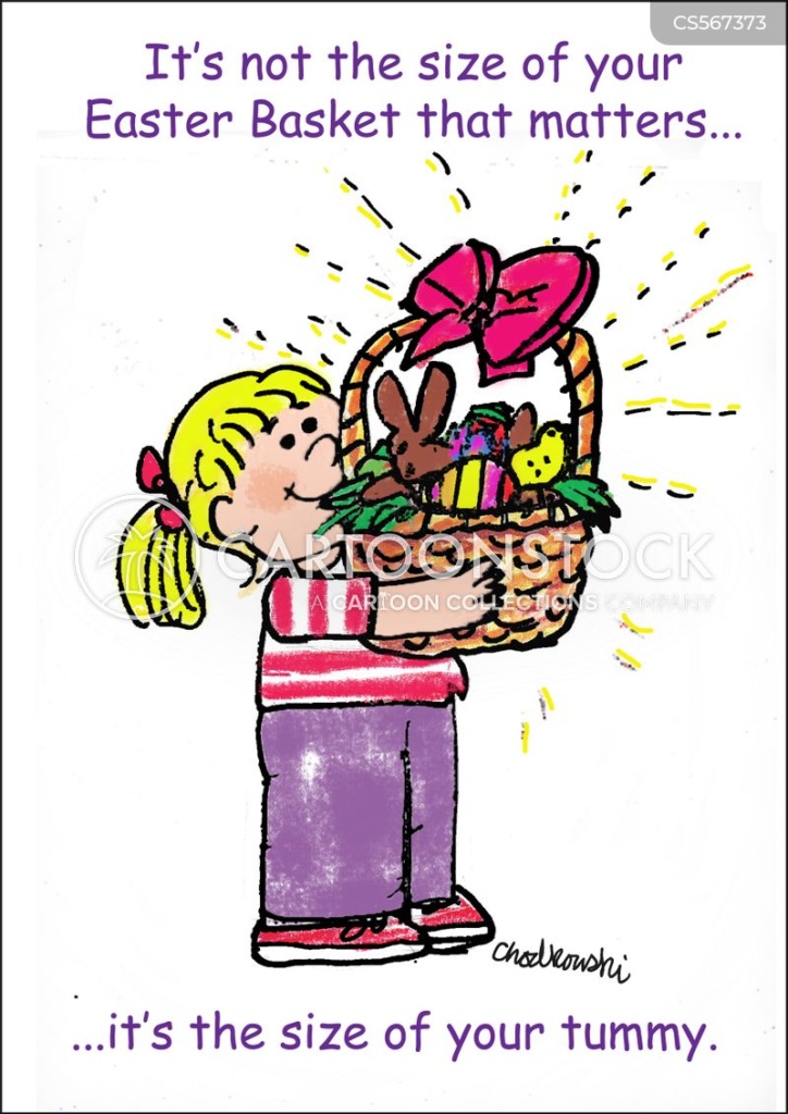 cartoon. Smiling little girl eyes the candy in her huge Easter basket.