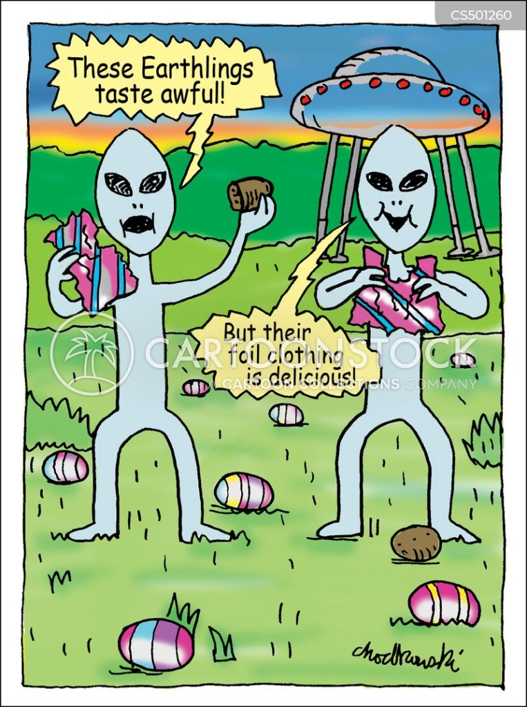 Cartoon of two space aliens on earth at Easter. Their space ship is parked behind them. They think the foil-covered Easter eggs they’ve found are earthlings and are eating them. But they’ve thrown the chocolate to the ground and are eating the foil. One remarks that the earthlings taste awful. The other agrees but notes their clothes are delicious. Perfect companions for chocolate lovers.