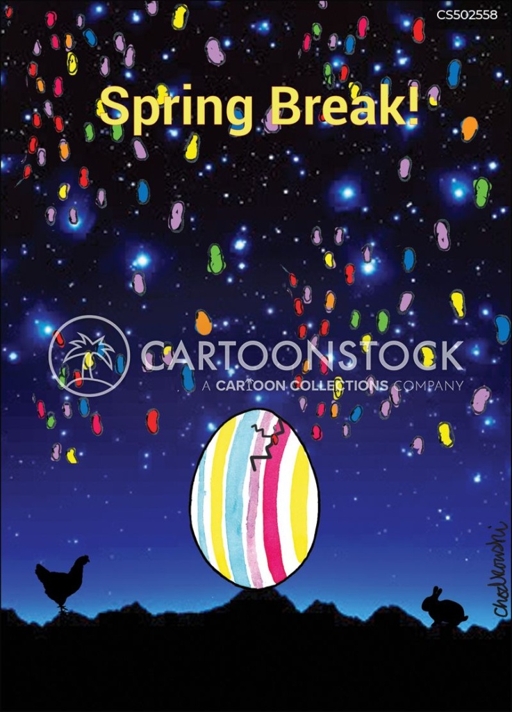 Cartoon of Easter decorated egg monolith on a nighttime landscape. The egg has a crack showing. Tiny colored egg-shaped lights fall in the sky. There are distance silhouettes of a chicken on one side and a rabbit on the other side of the egg monolith.