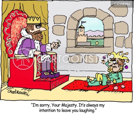Stand-up court jester is on the floor apologizing to angry king. Says, It's always my intention to leave you laughing."