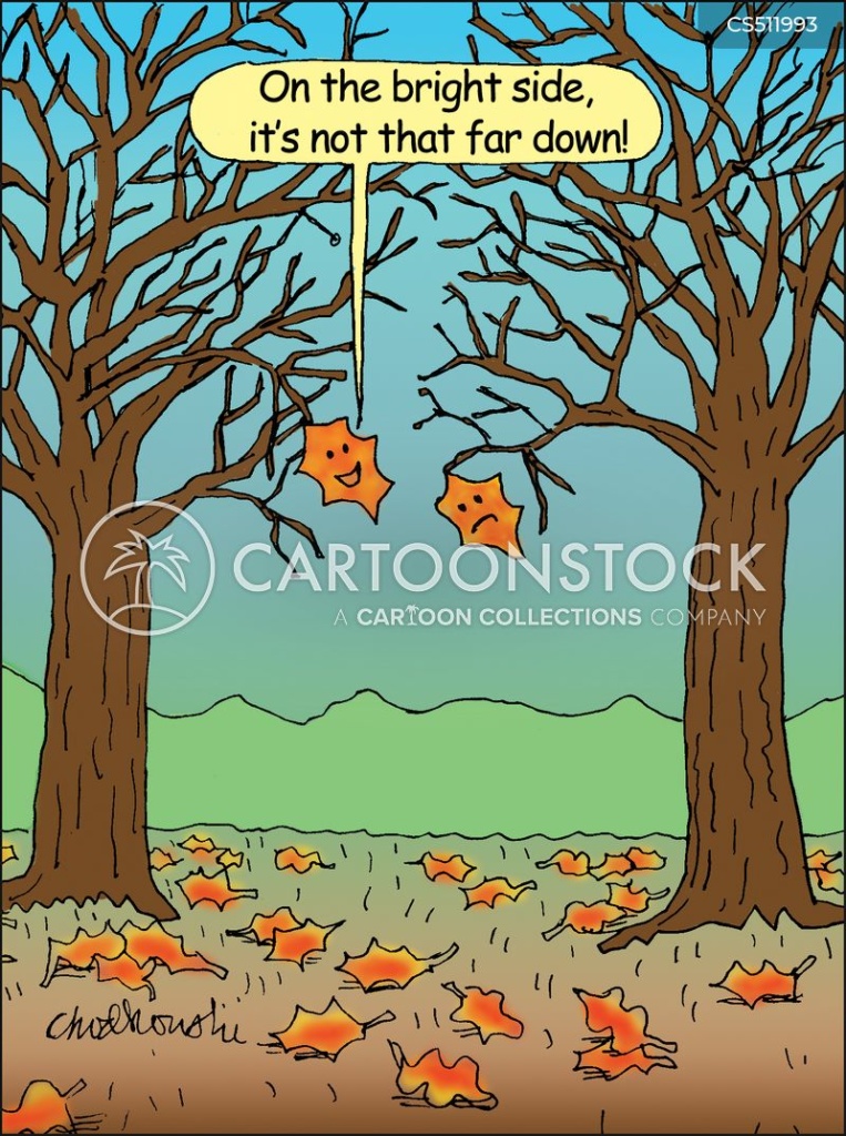 Cartoon. It’s autumn. Leaves on the ground. Two trees side-by-side. Each has one golden-red leaf hanging on low limbs. One leaf says to the other, “On the bright side, it's not that far down!"