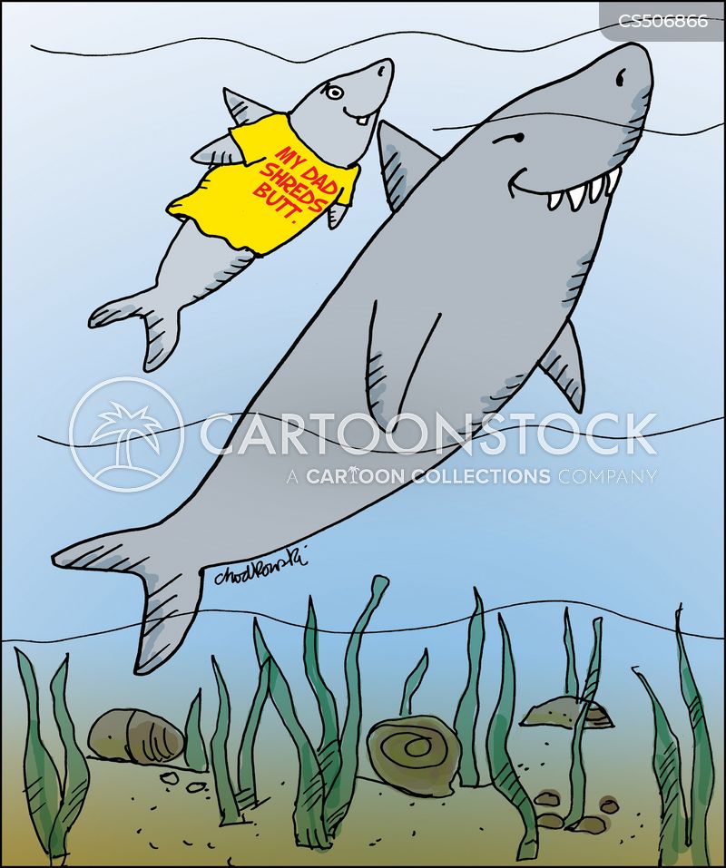 Daddy shark and child swimming together. The child wears a t-shirt that reads, “My dad shreds butt.”