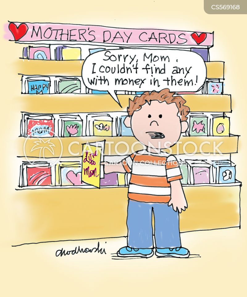 A little boy looking at Mother’s Day cards says he can’t find one with money in it like the ones he gets.