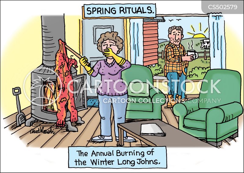 Cartoon. A dairy farmer's wife is wearing rubber gloves. She's protecting her nose with one hand and holding a stick in the other. At the end of the stick, her husband's winter long johns. Well used, she's about to shove them into the fire.