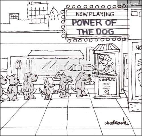 Now playing. Mixture of dogs lined up to buy tickets to see Power of the Dog film. The film has drawn a lot of canine customers.