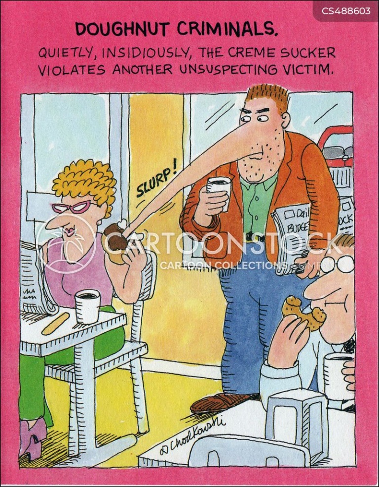 A man in a donut shop has a nose like an anteater And he’s using it to surreptitiously suck the filling out of s donut being held by a nearby customer.
