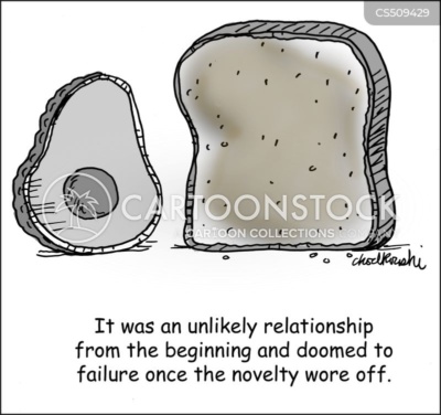 Cartoon. A half avocado and a piece of toast face out. The caption reads: It was an unlikely relationship from the beginning and doomed to failure once the novelty wore off."