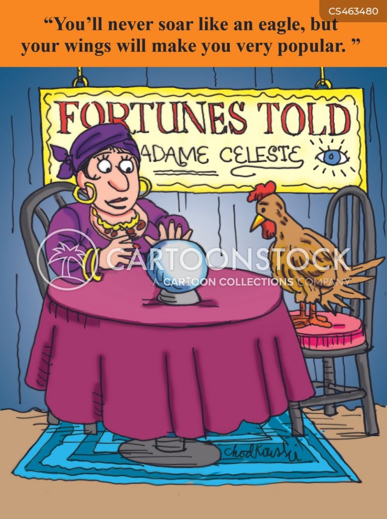 Getting your wings. A fortune teller reading a chicken's future. She tells the chicken she'll never soar like an eagle but her wings will make a lot of people happy.