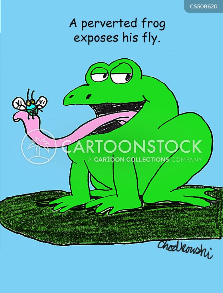Cartoon of a frog on a lily pad. The frog is a practical joker. He has a sly look and his tongue extended. On the very tip of his tongue is a fly. The caption reads, "A perverted frog exposes his fly."