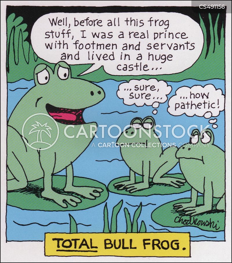 Old frog sitting on lily pad is telling young frogs that he used to be a real prince etc.. The young frogs think it’s total bull Frog. 