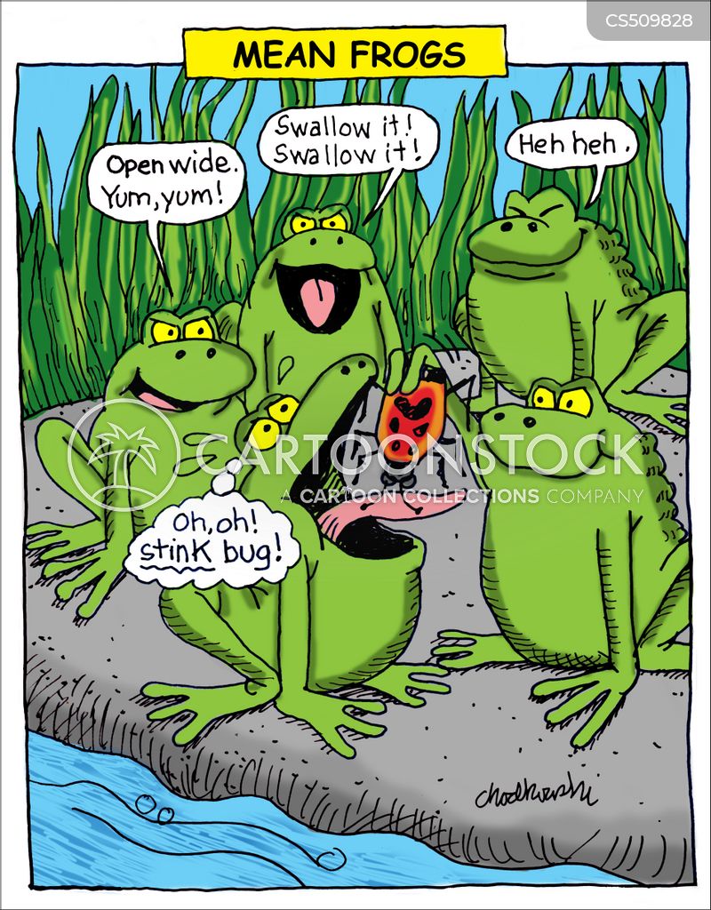 Cartoon of a gang of bully-frogs forcing another frog to swallow a stink-bug.