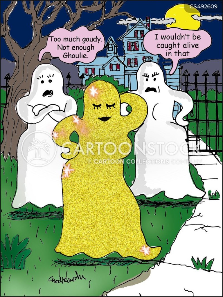 A female ghost is showing off her new outfit, a sparkling gold glitter gown. Two other women ghosts are observing with disdain. One says it's too much gaudy and not enough ghoulie.