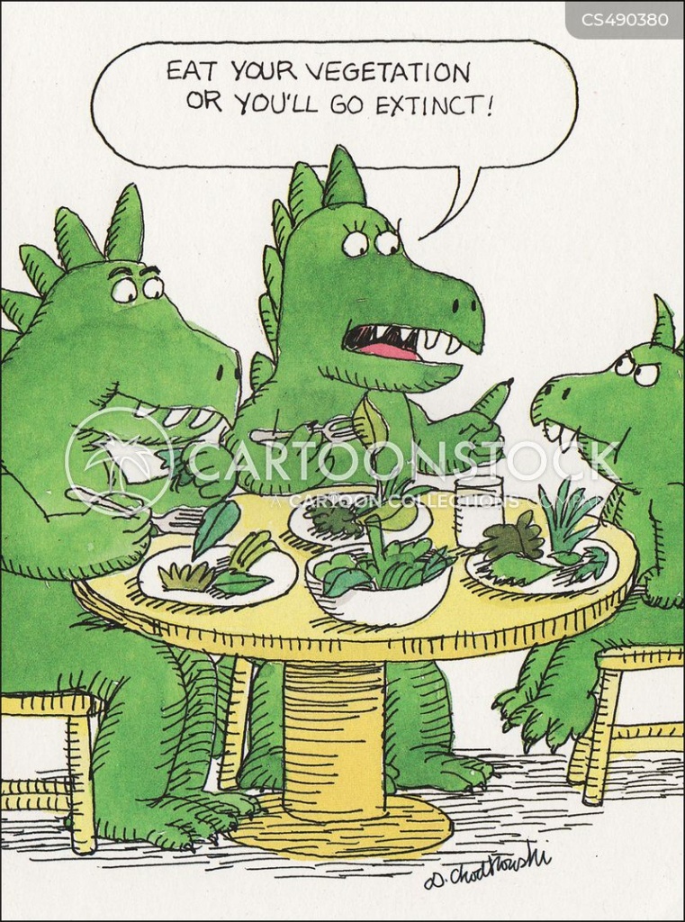 Dinosaur family at table having dinner. Mom tells picky-eater child to eat your vegetables or you’ll go extinct.