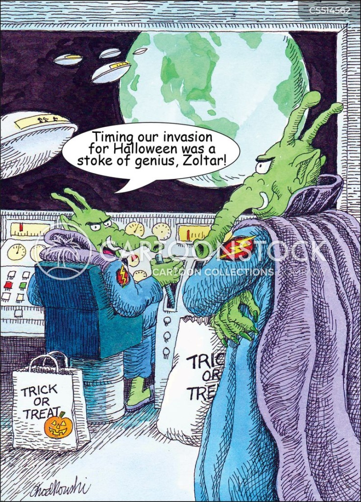 Two outer space creatures aboard their spaceship. Earth is in fill view of the control window. The pilot is saying to the head officer, "Timing our invasion for Halloween was a stroke of genius, Zoltar!"