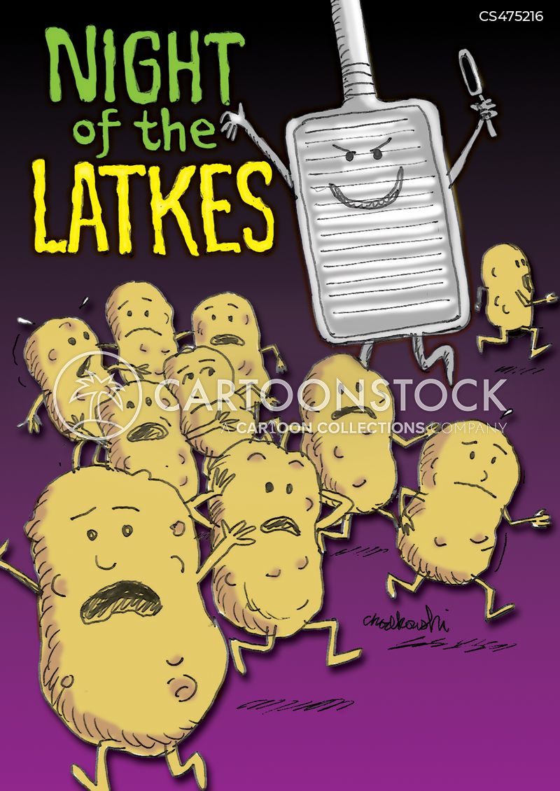 cartoon of scared potatoes running away from the manic potato grater that’s chasing them.