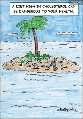 Cartoon. A castaway who made it to a small lone island in the middle of the ocean lies dead on the sand. A chicken also lives on the island and her eggs are scattered about. She is looking at him. The Caption read: A diet high in cholesterol can be dangerous to your health.