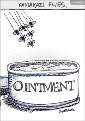 Cartoon. A squad of kamikaze flies flying in formation and headed for an open jar of ointment. It’s a suicide mission