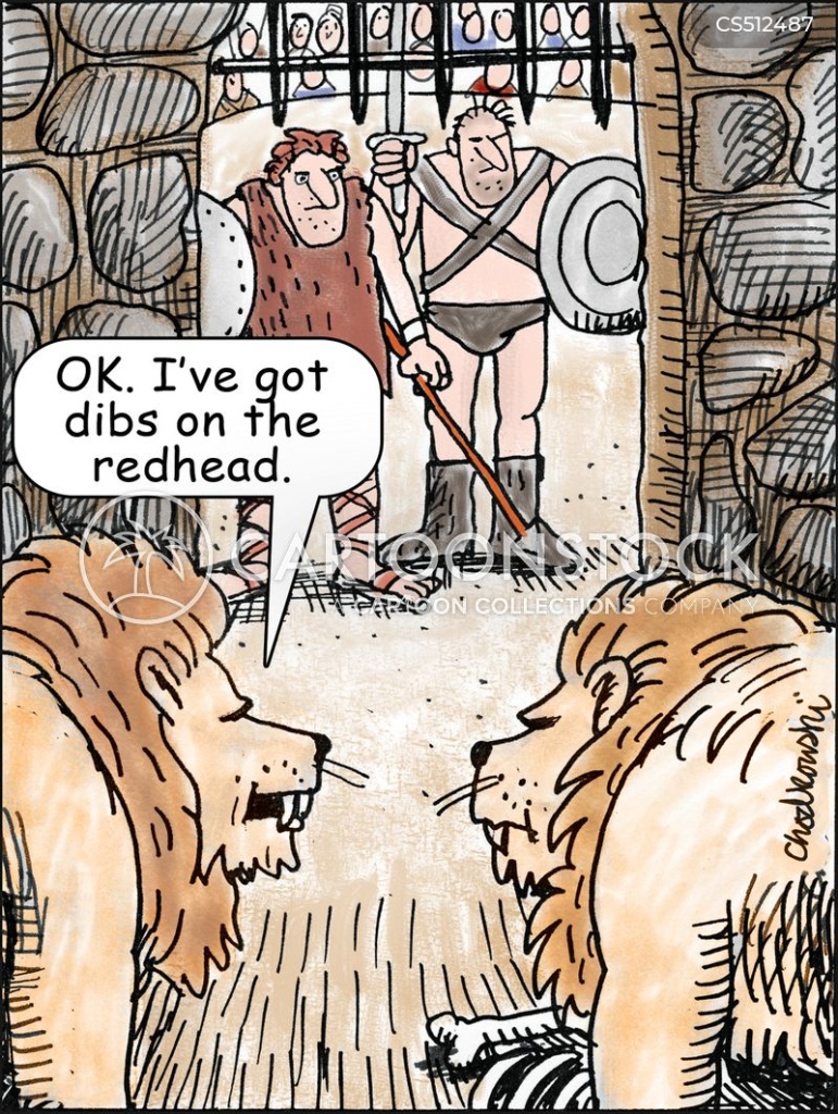 Two lions are eyeing the two gladiators that have raised the barrier gate for the man verses wild animal fight to come. One of the lions tells the other, "Okay. I've got dibs on the redhead."