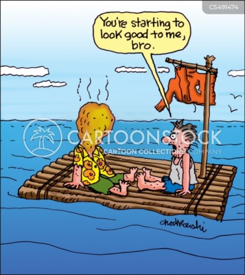 Cartoon. Two men are adrift on a raft in middle of the ocean. One man admits his mate is starting to look good to him. He’s hallucinating and sees his mate as a fried chicken leg.