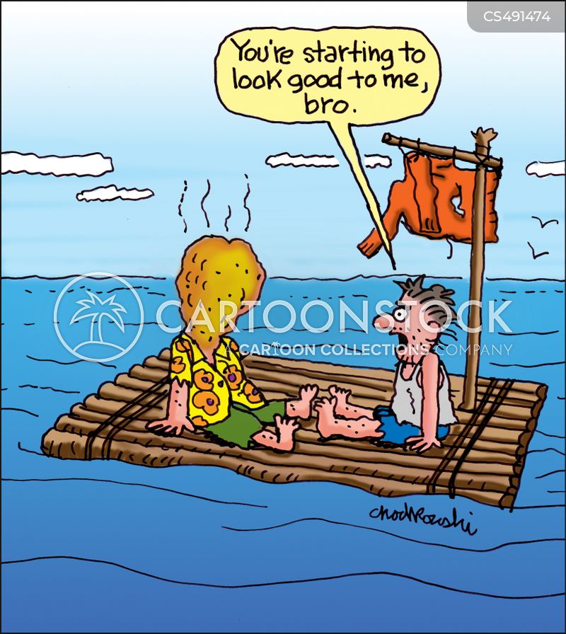 Cartoon. Two men are adrift on a raft in middle of the ocean. One man admits his mate is starting to look good to him. He’s hallucinating and sees his mate as a fried chicken leg.