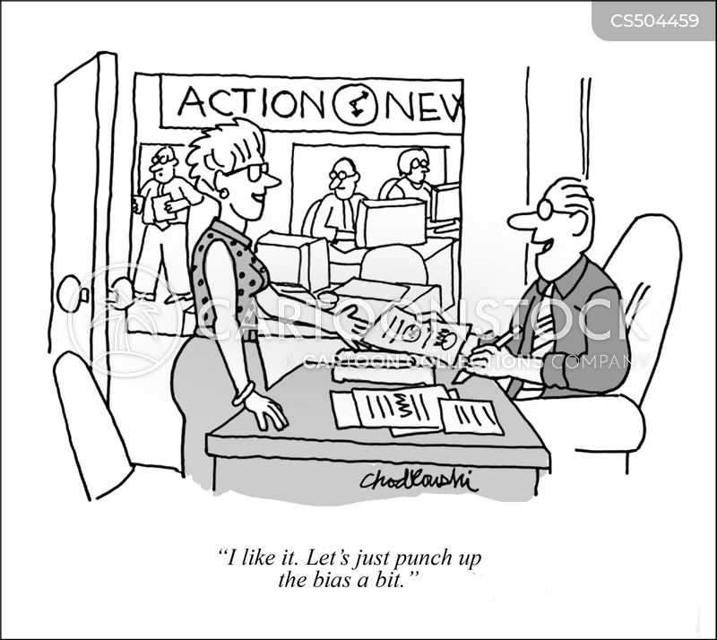 Cartoon of a writer in a news show office showing her copy to her editor. Editors earn their keep. This editor is saying, "I like it. Let's just punch up the bias a bit."