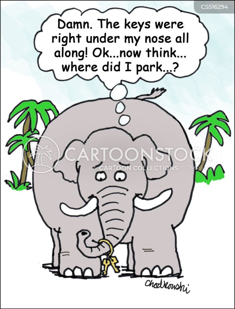 An elephant realizes its keys are hanging from its trunk. The elephant is thinking, "Damn! The keys were right under my nose all along! Ok...Now Think...where did I park"