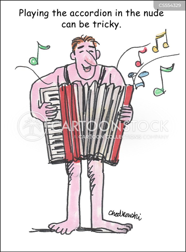 Cartoon. A naked man is playing an accordion. It’s all about squeezing the bellows correctly.