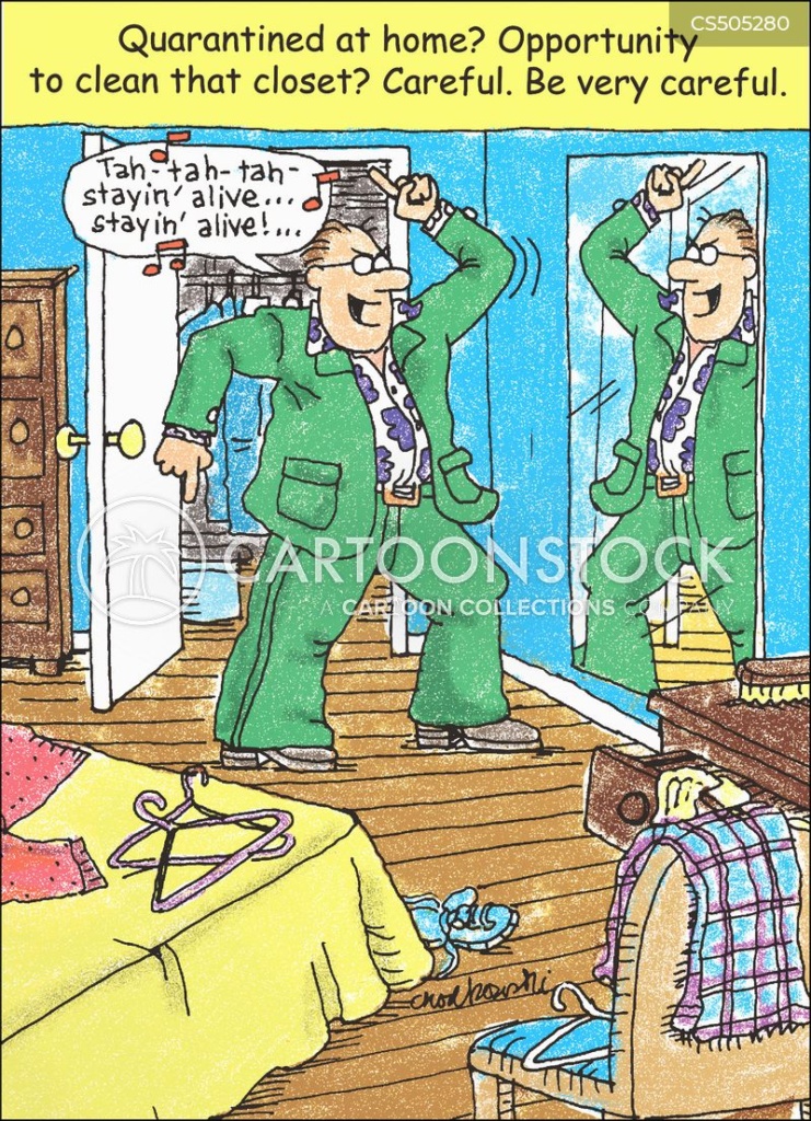 Cartoon of a grown man who has come across his green leisure suit and paisley shirt from days gone by. They still fit and is dancing in front of his full-length mirror while singing “Stayin’ Alive.”