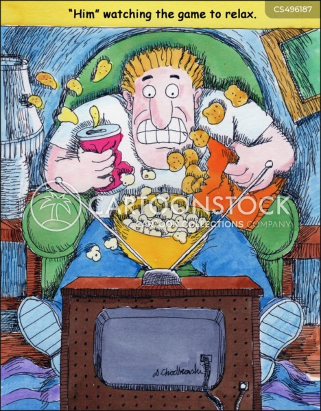 Cartoon of a man sitting in his chair facing a TV. He’s got a bag of chips, bowl of popcorn and a drink in a can. The man is a wreck with food falling as he follows the action. The caption reads: He’s watching the game to relax.