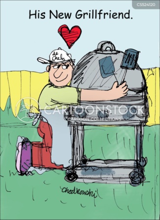Cartoon. A man is outside, on his knees, hugging his grill. The caption says: His New Grillfriend.