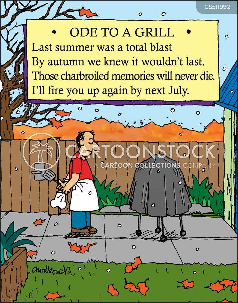Cartoon. A man wearing apron and holding chef’s hat and cooking utensils is looking forlorn at his outdoor grill. It’s covered ready to be put away until next summer. An ode is printed above talking about the summer fun and how it had to end but looking forward to next year.