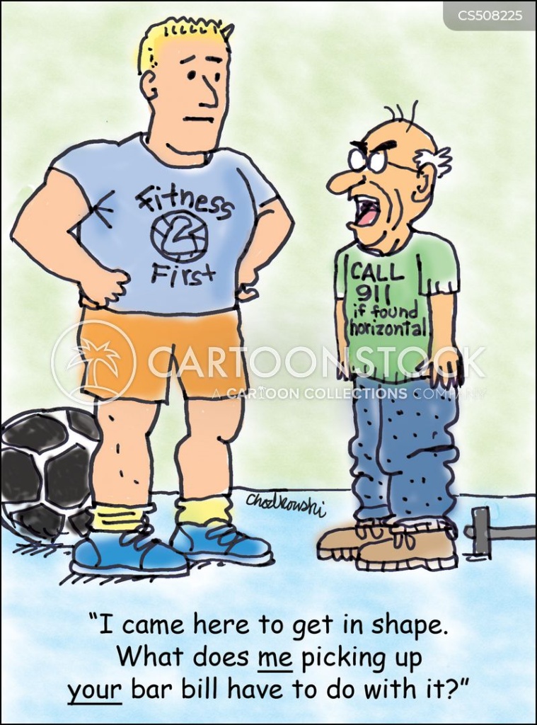 Cartoon of a grumpy old man is at a gym. He’s asking the hunky fitness instructor why he should pick up the young man’s bar bill. The instructor is actually asking him to pick up a barbell.