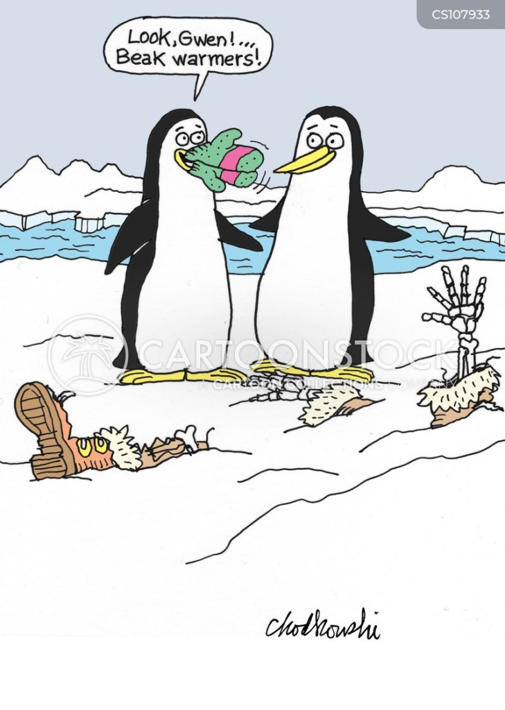 Cartoon. Two penguins stand next to a partially snow-covered skeleton of a polar explorer. One penguin has the dead guy’s gloves and is using them as beak warmers.