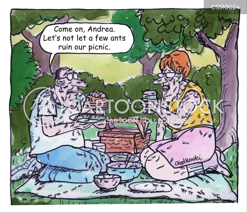 Cartoon. A couple sitting in the grass having a picnic. There are ants crawling all over And the man says, "Come on, Andrea. Let's not let a few ants ruin our picnic.”