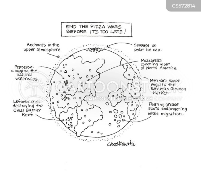 End the Pizza Wars Before It's Too Late! Pizza toppings maybe critical but are they worth going to war over? Toppings by country on globe are diagrammed in this cartoon.