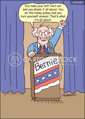 Cartoon of Bernie Sanders at podium still campaigning. He's saying, "You take your left foot out and you shake it all about. You do the hokey pokey and you turn yourself around. That's what it's all about."