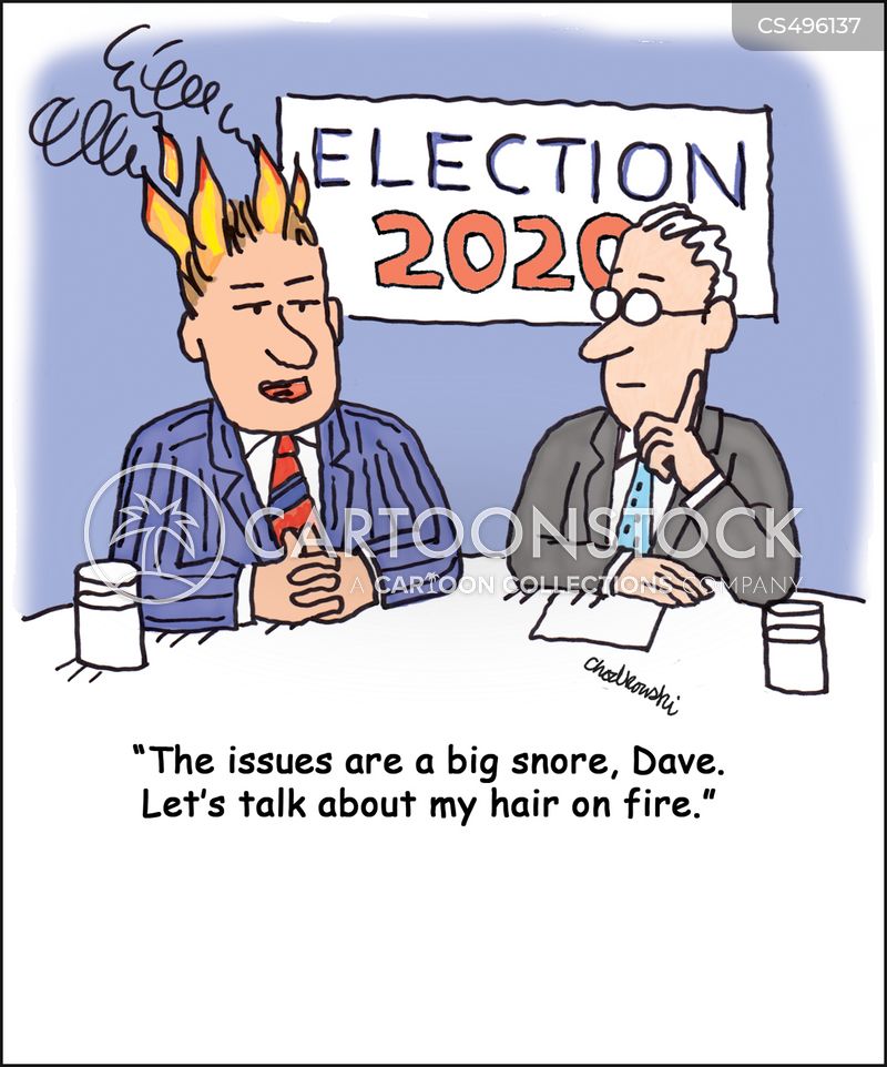 Cartoon of a political candidate for election 2020 being interviewed. The candidate says to forget about the issues. They’re a big snore. He’d rather talk about his hair being on fire - which it literally is but meant metaphorically.