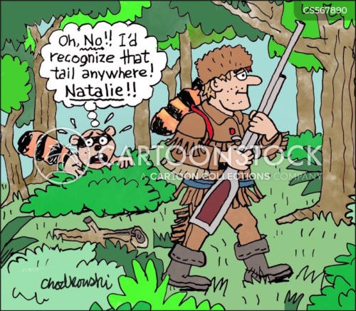 A raccoon is distressed when he recognizes a friend's tail on a hunter's hat while the hunter is passing.