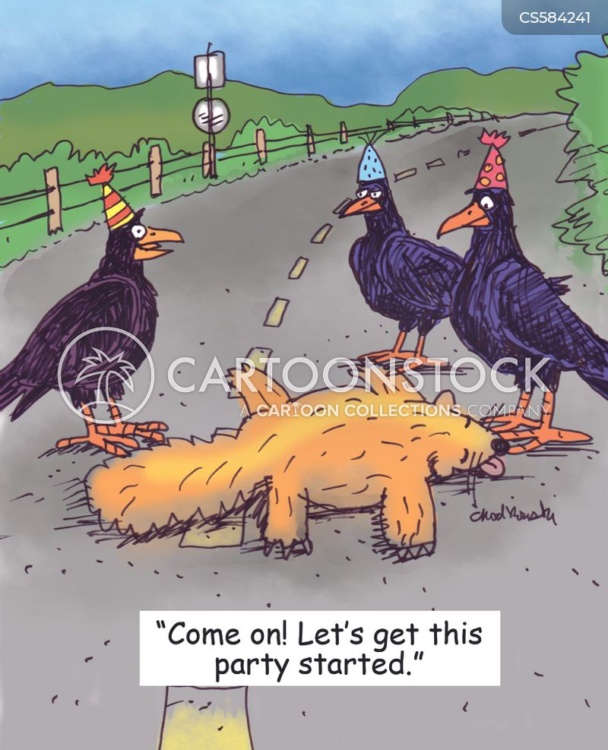 Scavenger birds stand around road-kill. One says, "Come on! Let's get this party started."