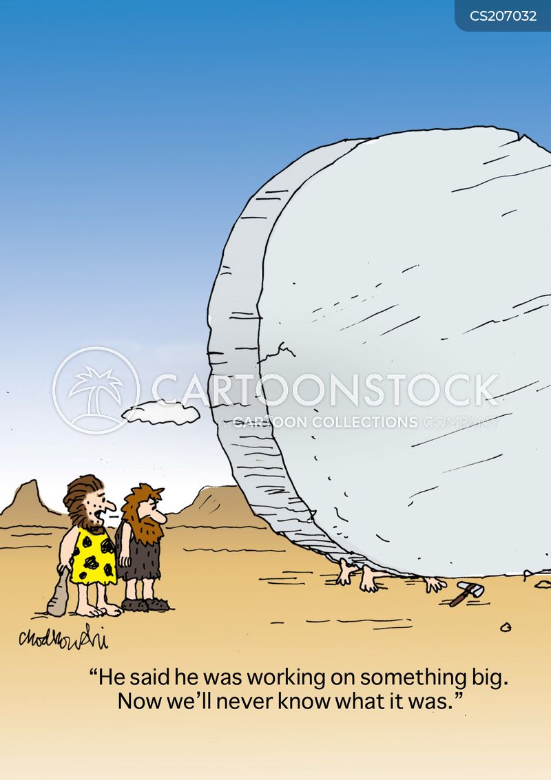 Two cavemen are looking at a third caveman who lays crushed under the huge stone wheel he was working on. The dead man had told them he working working on something big and they realize now they’ll never know what it was.
