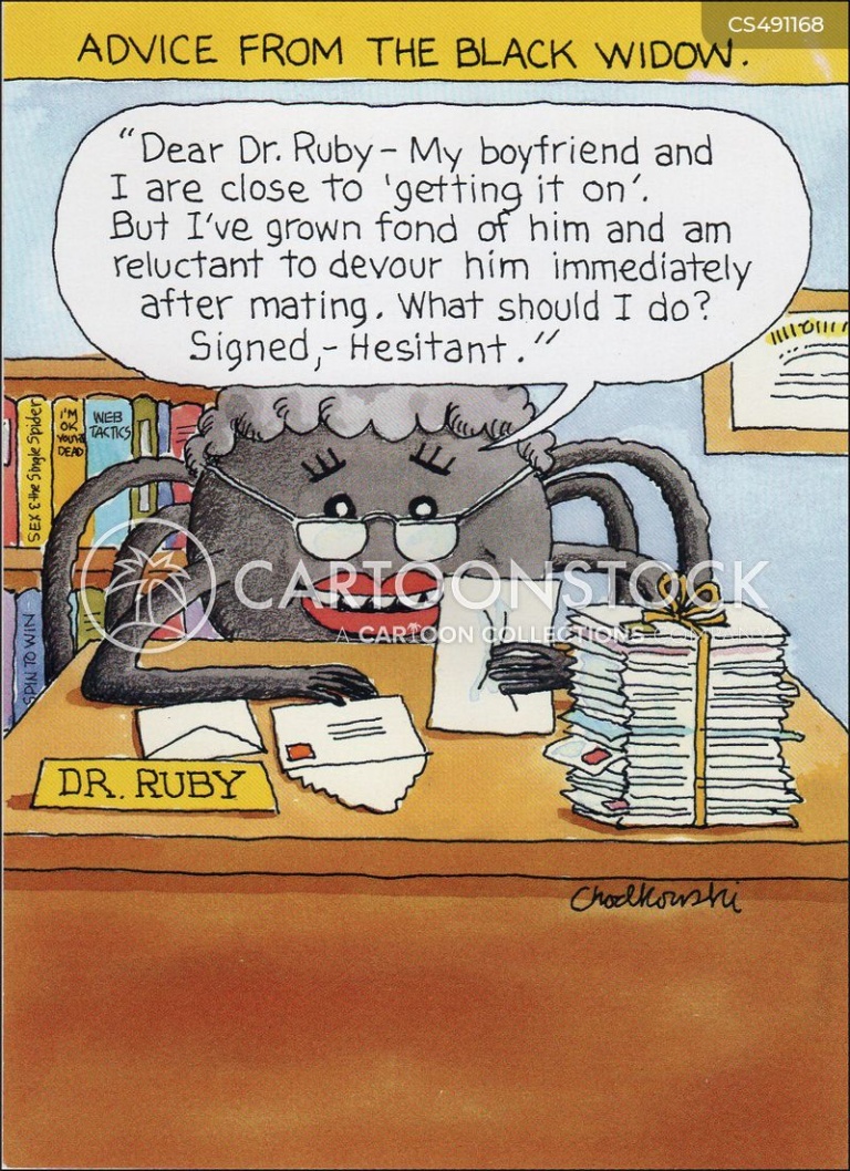 A black widow advice columnist is reading a letter. The writer has grown fond of the spider she’s about to have sex with and wonders is she still has to devour him after the act.