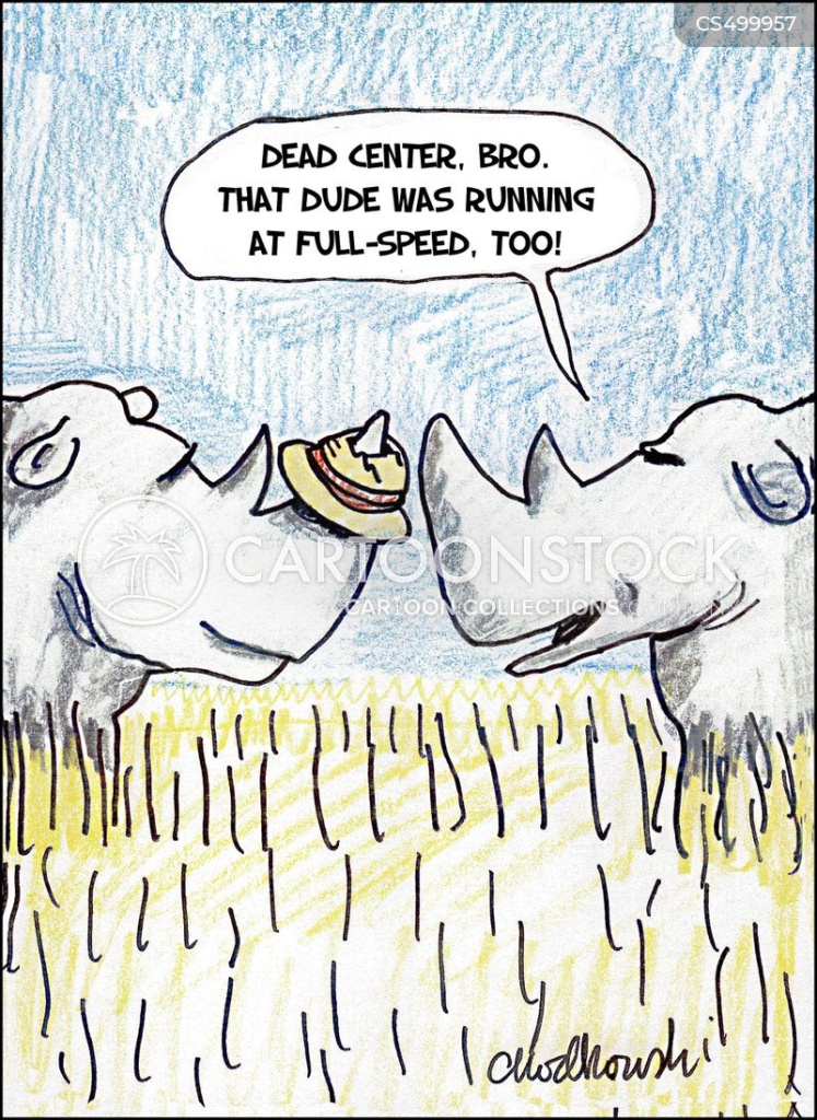 Cartoon of two rhinoceroses chatting. One has a safari hat that he’s speared with his horn. The other rhino is saying with admiration: “Dead center, bro. That dude was running at full-speed, too.”