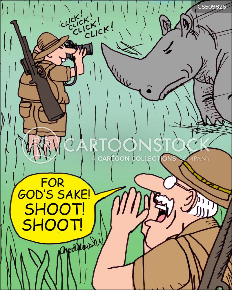 Cartoon of two men in safari gear in safari country. One guy is shouting to the other, "For God's sake! Shoot! Shoot!" The other guy is being charged by a rhinoceros and he is shooting. Shooting snaps of the charging rhino.
